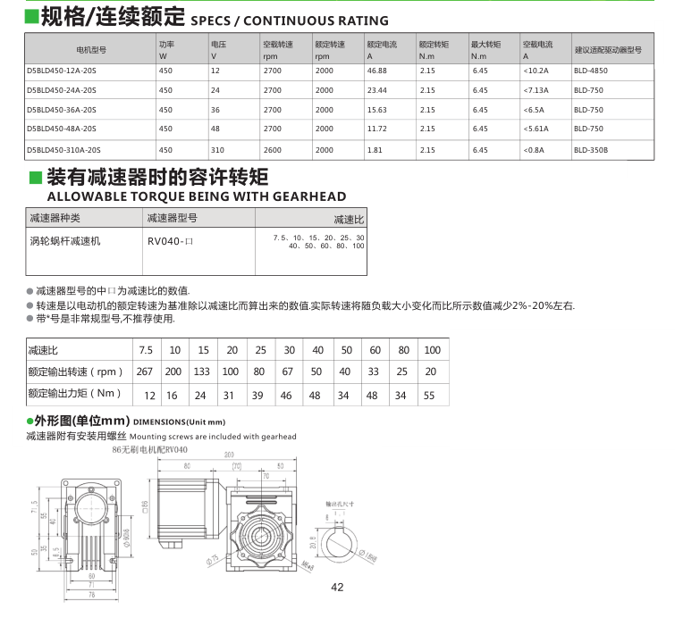 450W無刷電機規格 450W無刷電機規格